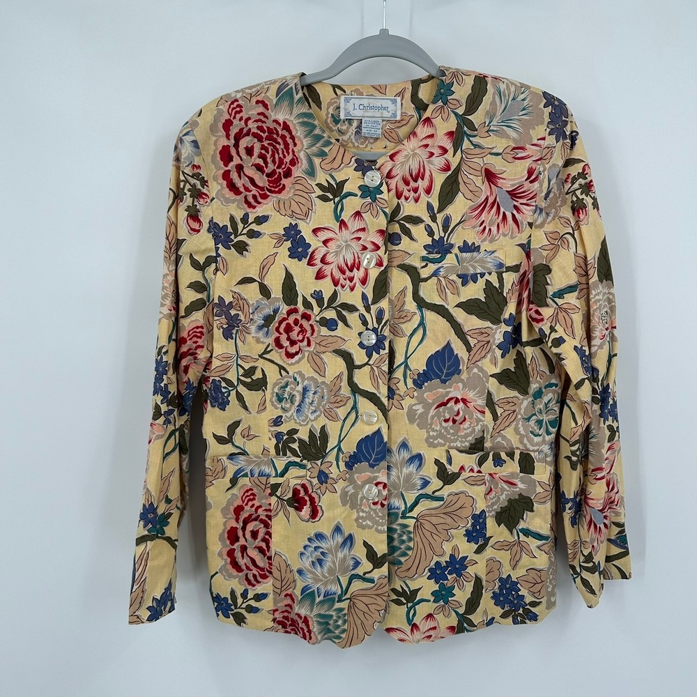 Womens Vintage Cottagecore Linen Blend Blazer Size 12 Jacket Shabby Chic Floral